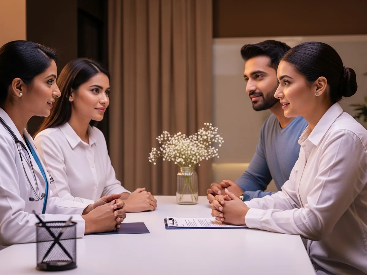 Couple consulting doctor about recurrent miscarriage investigation and treatment in Chennai