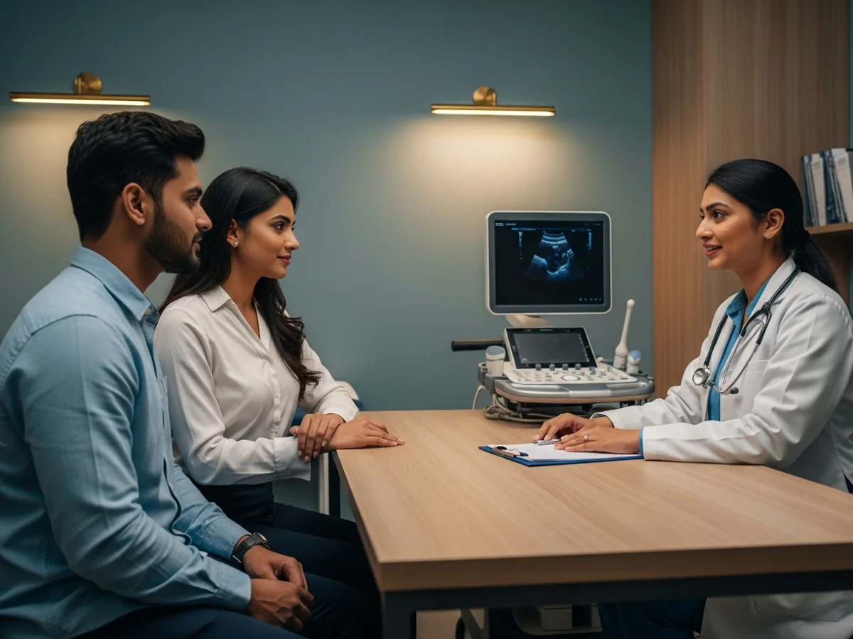 Female doctor performing ultrasound scan on woman patient at fertility clinic in Chennai