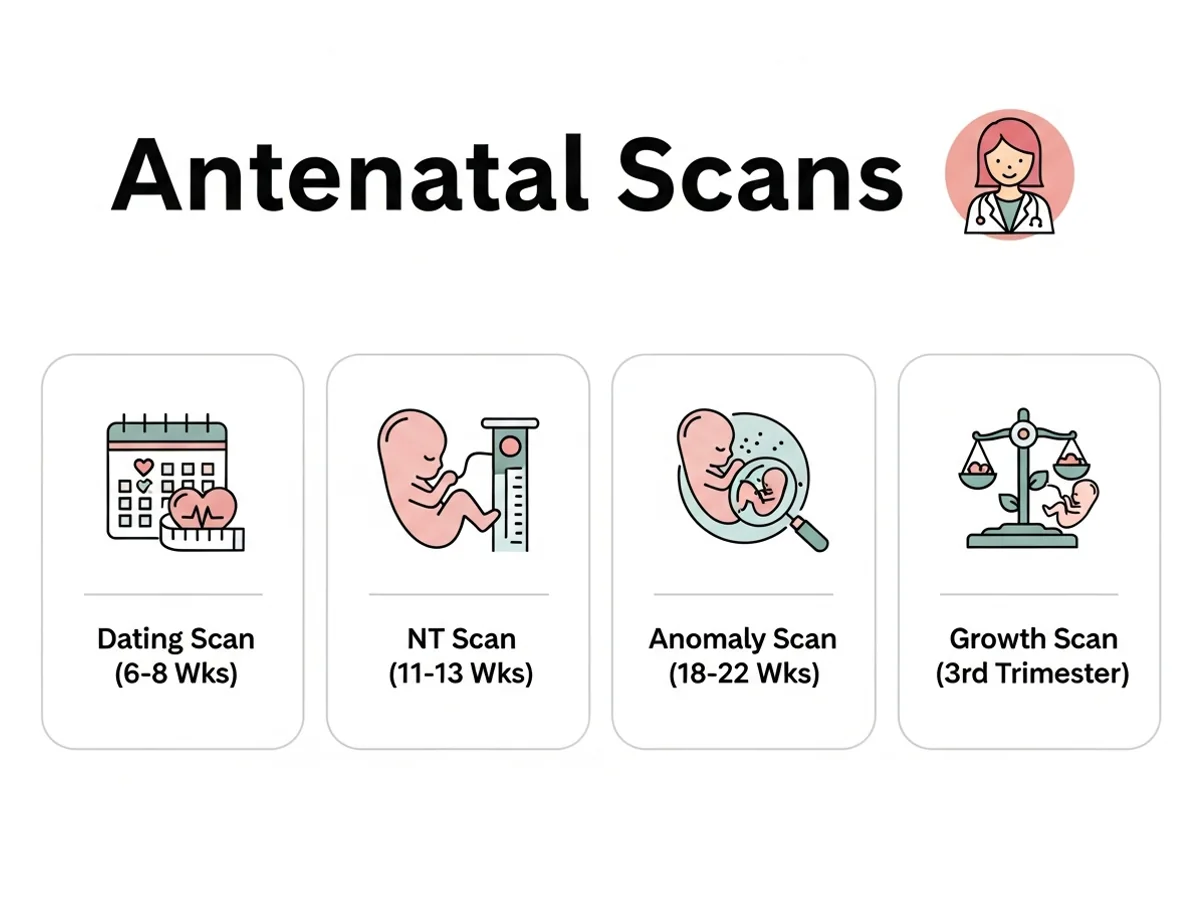 What each antenatal visit covers — weight, blood pressure, urine, scans, and fetal heartbeat