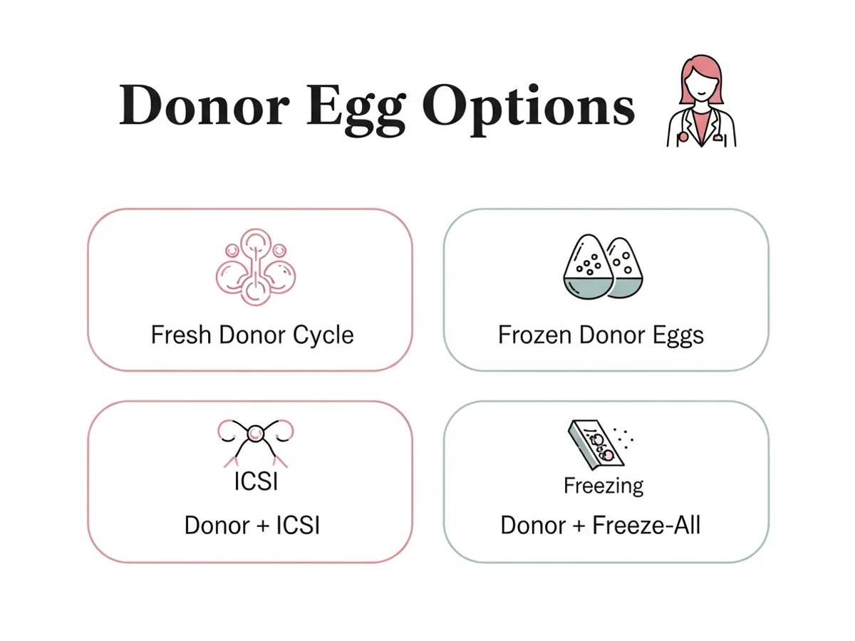 Donor egg options including fresh donor cycle, frozen eggs, donor with ICSI, and freeze-all