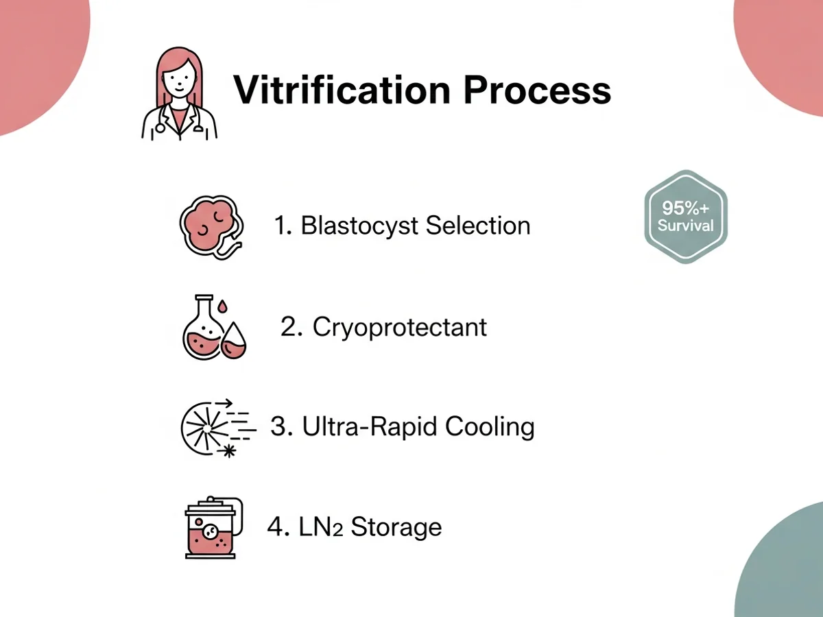 Vitrification process showing ultra-rapid cooling of blastocyst embryos in cryoprotectant