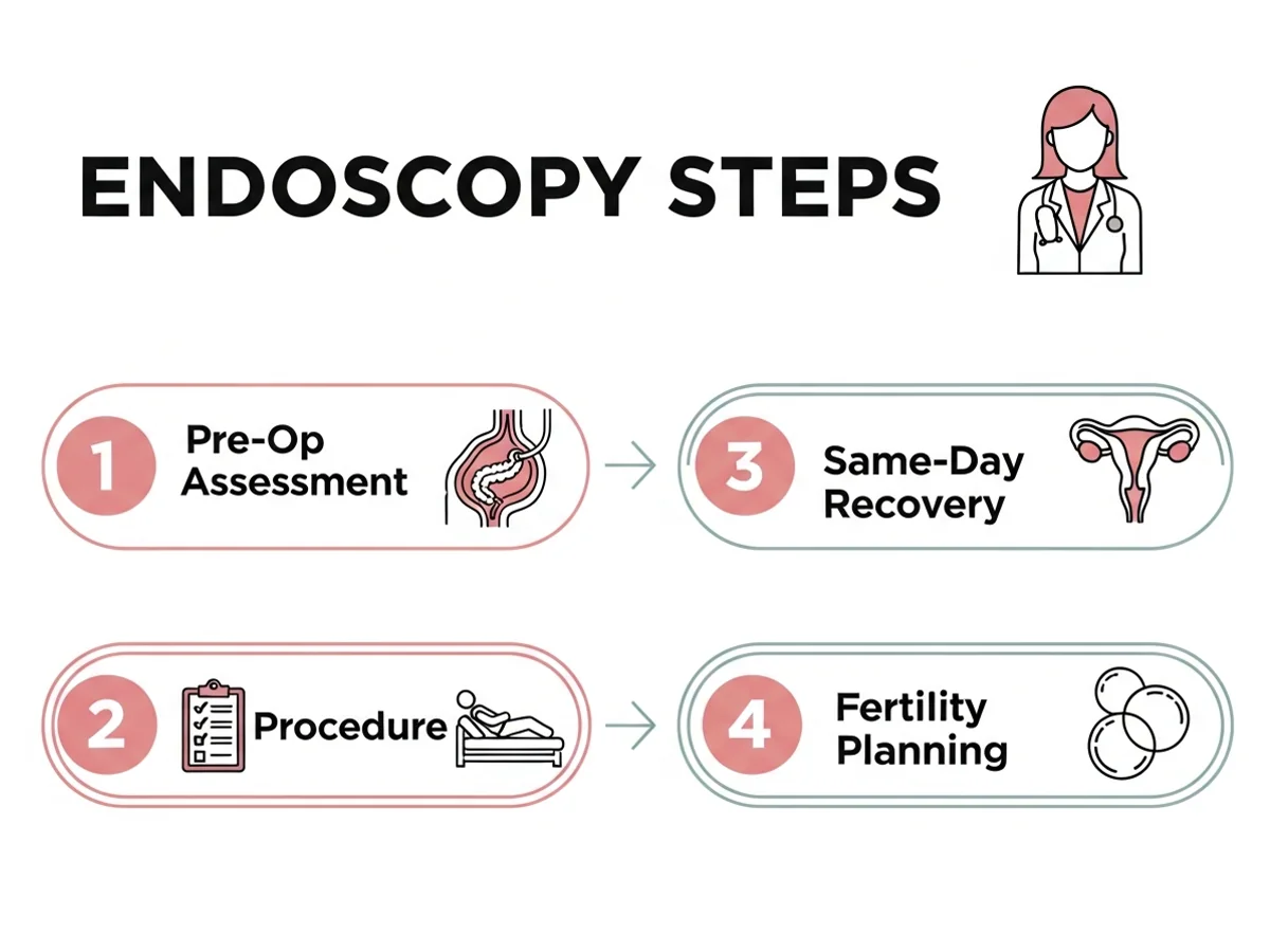 Endoscopy procedure steps — pre-op assessment, procedure, same-day recovery, and fertility planning
