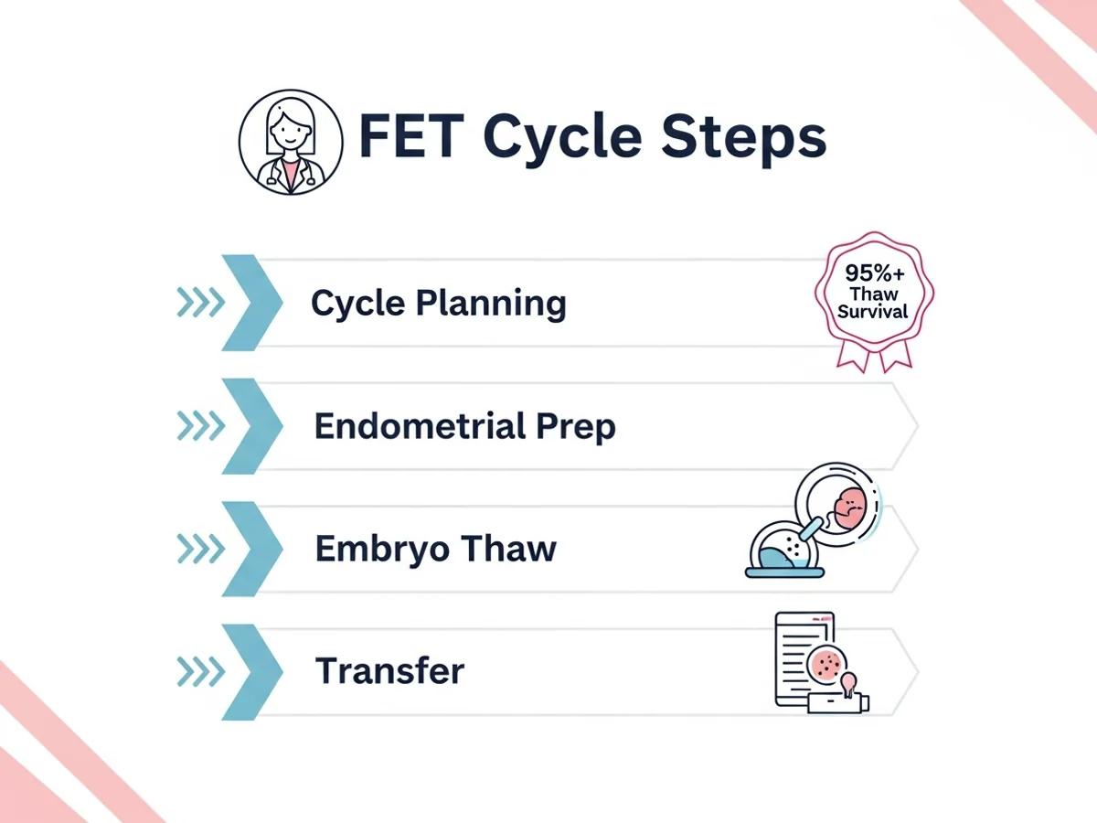 Frozen embryo transfer cycle steps — planning, endometrial prep, embryo thaw, and transfer