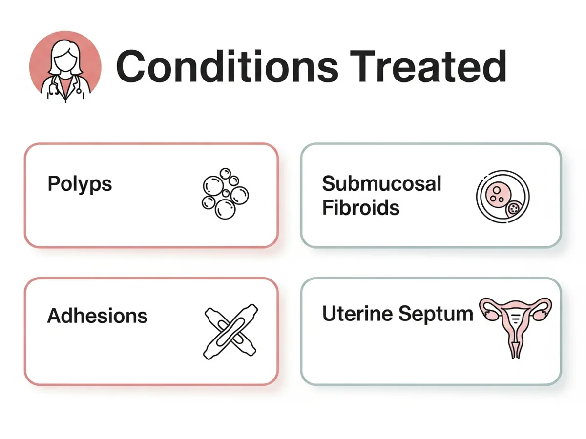 Common conditions treated by hysteroscopy — polyps, submucosal fibroids, adhesions, septum