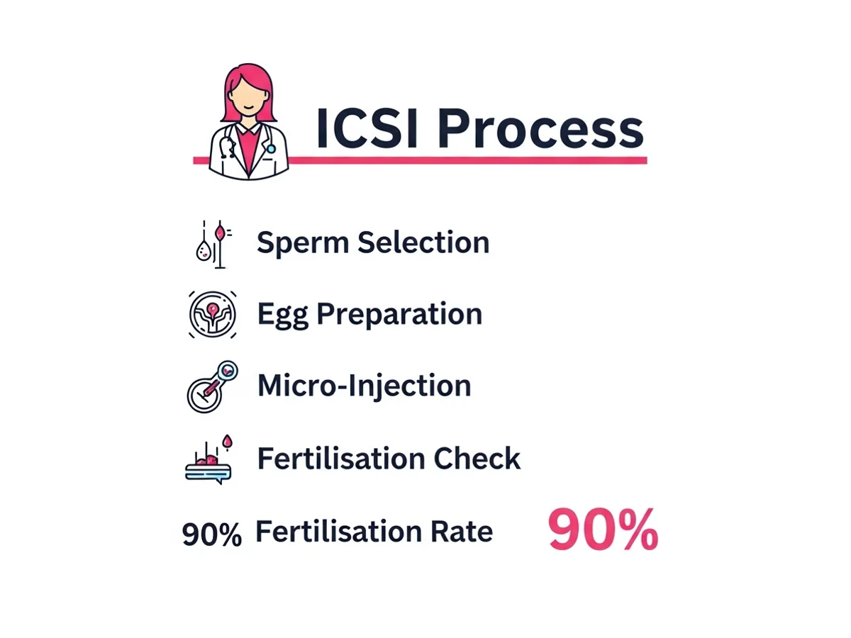 ICSI process steps — sperm selection, egg preparation, micro-injection, and fertilisation check