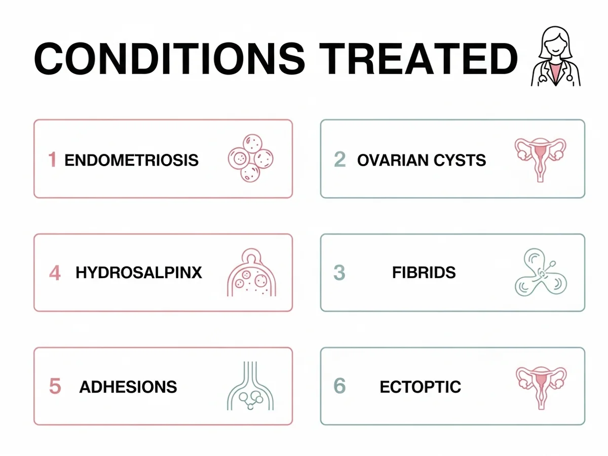 Conditions treated by laparoscopy — endometriosis, cysts, fibroids, tubal disease, adhesions