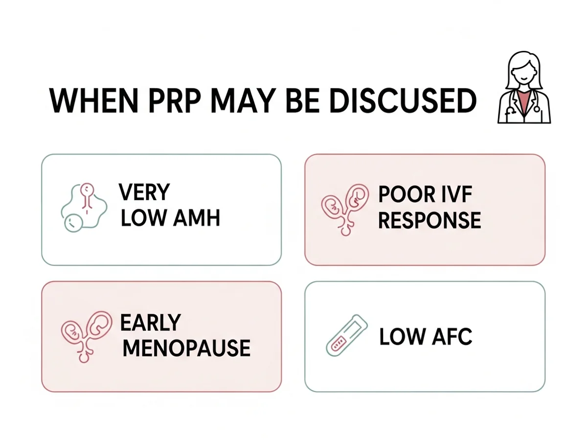 Stepwise low ovarian reserve treatment ladder — protocol optimisation, embryo banking, PRP, donor egg IVF