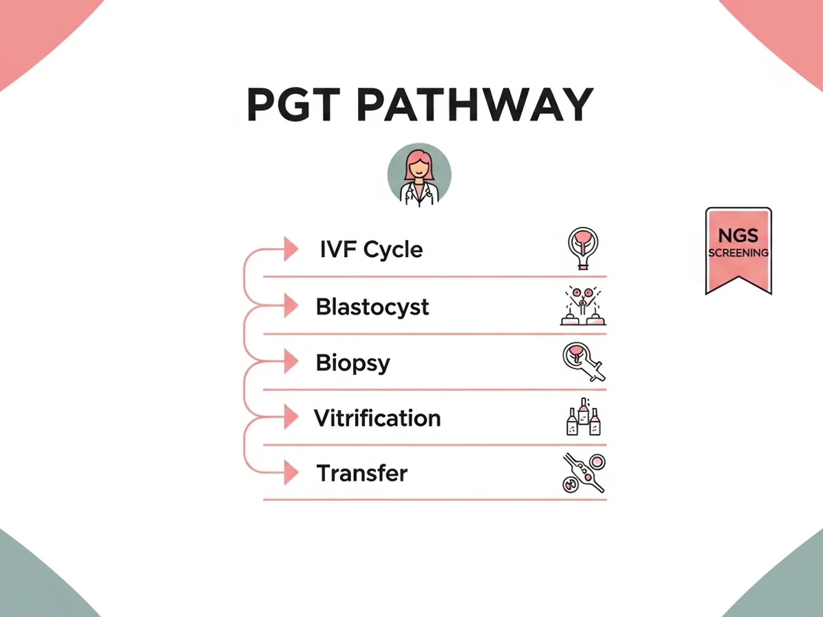 Preimplantation genetic testing workflow — IVF, blastocyst, biopsy, vitrification, results, frozen embryo transfer