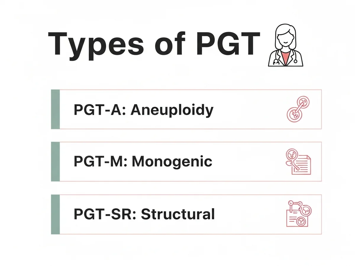 PGT-A, PGT-M, PGT-SR explained — chromosome screening, single-gene disorder, structural rearrangements
