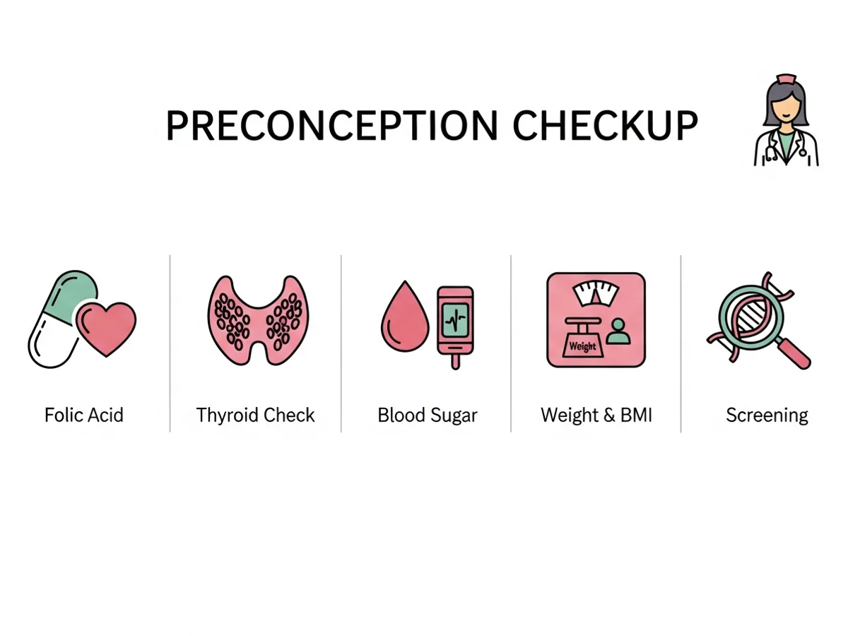 Preconception care checklist — folic acid, thyroid, blood sugar, vaccinations, weight, and screening before pregnancy