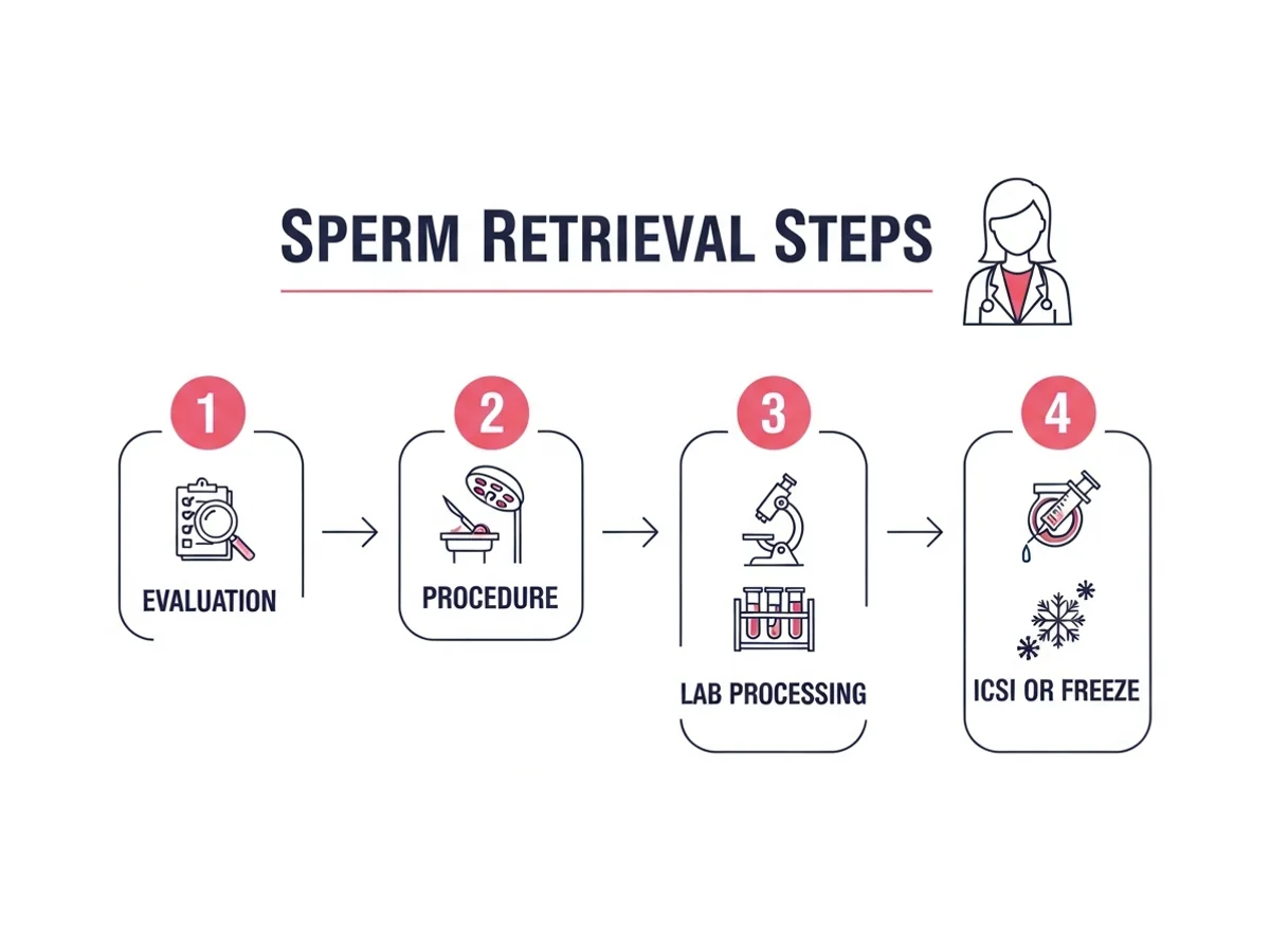Sperm retrieval steps — evaluation, procedure, lab processing, and ICSI or freeze