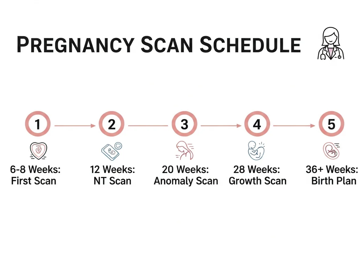 Pregnancy scan schedule from 6 weeks to 36 weeks with key milestones